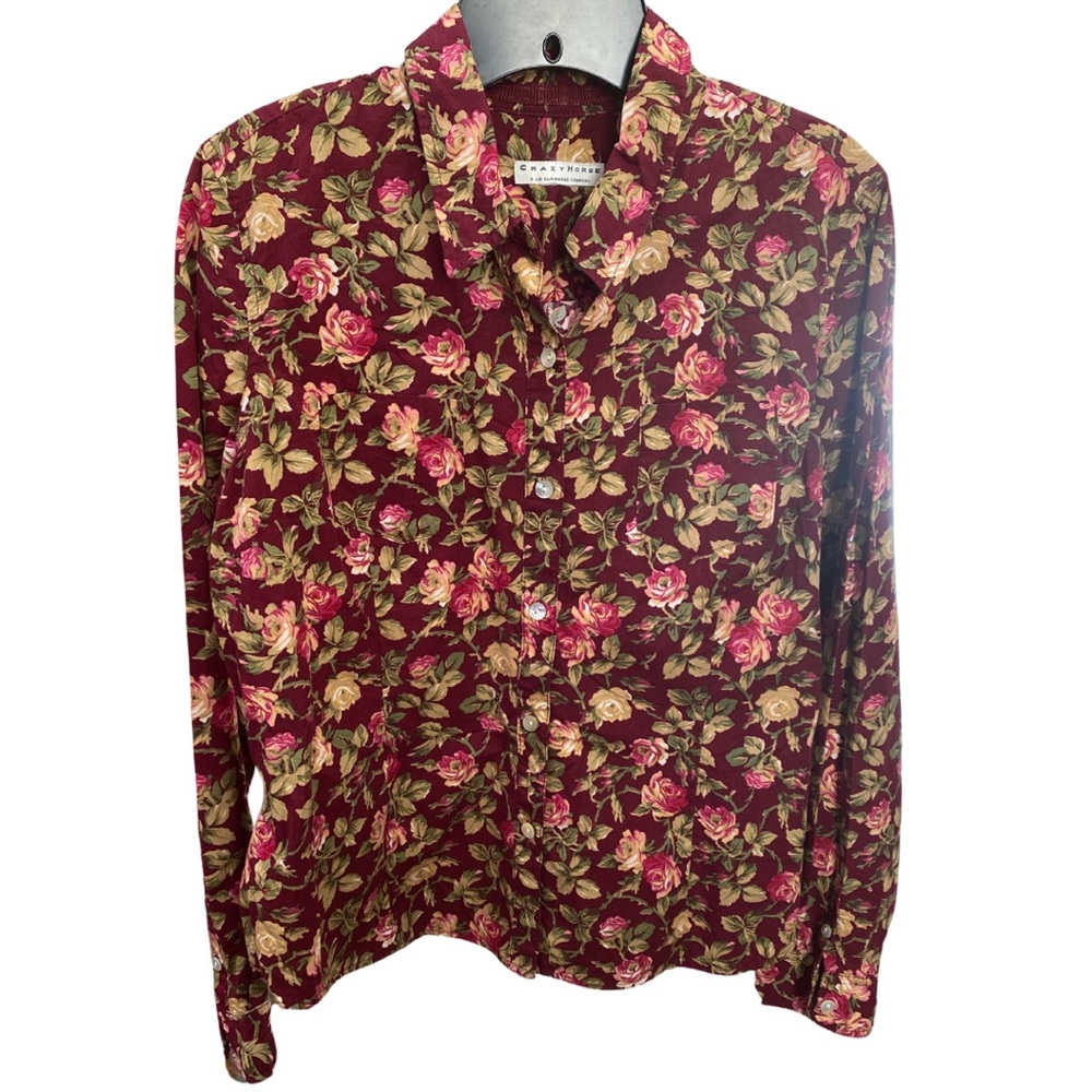 Crazy Horse Liz Claiborne Red and Green Button Down Shirt Vibrant Floral